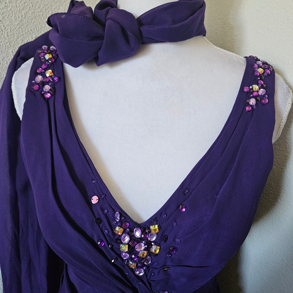 Let's Fashion Purple Embellished Ruched Formal Gown with Scarf - Picture 4 of 8